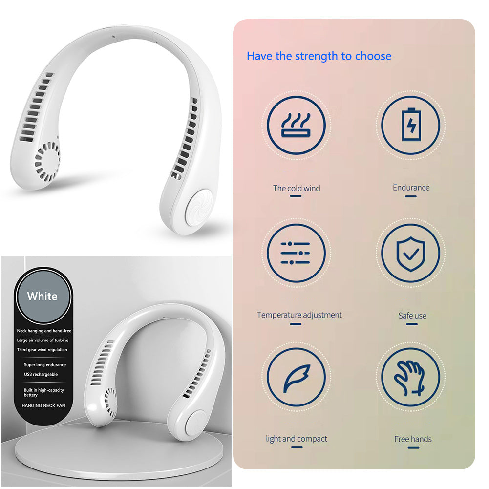 Portable Neck Fan – 360° Leafless Cooling, 78 Air Outlets, USB Rechargeable (4000mAh).